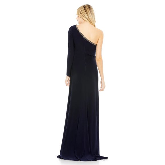 Ieena for Mac Duggal Draped One Sleeve Jersey Gown in Midnight Size 4 - Picture 3 of 12